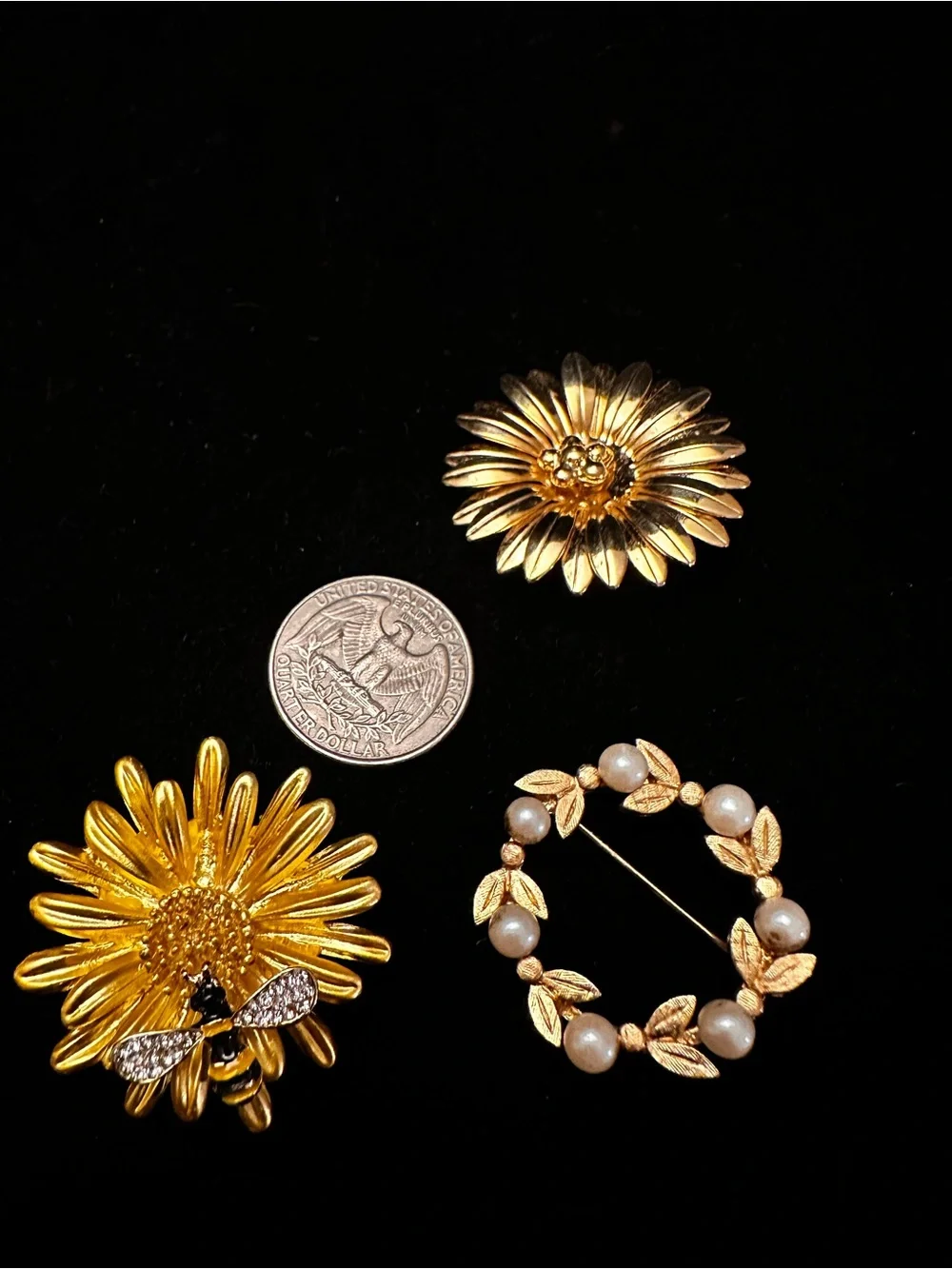 Gold Floral assortment of Brooches Set of 3/unique